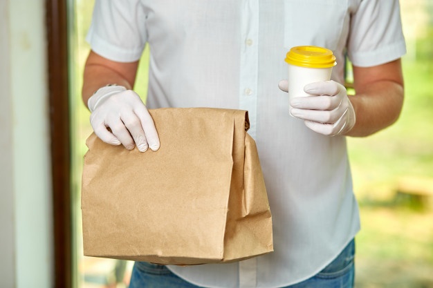 courier delivery man protective mask medical gloves delivers takeaway food coffee 120485 4322
